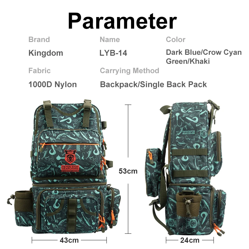 Kingdom Fishing Backpack 1000D Waterproof Nylon 43x24x53cm Large Capacity Multifunctional Detachable Storage for Winter Fishing