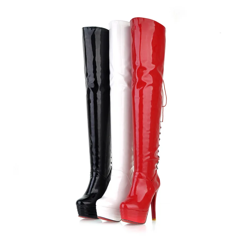 Sgesvier Fashion Red Women\'s Thigh High Boots Sexy High Heel Over The Knee Boots Women PU leather Sexy Long Dance Party Shoes