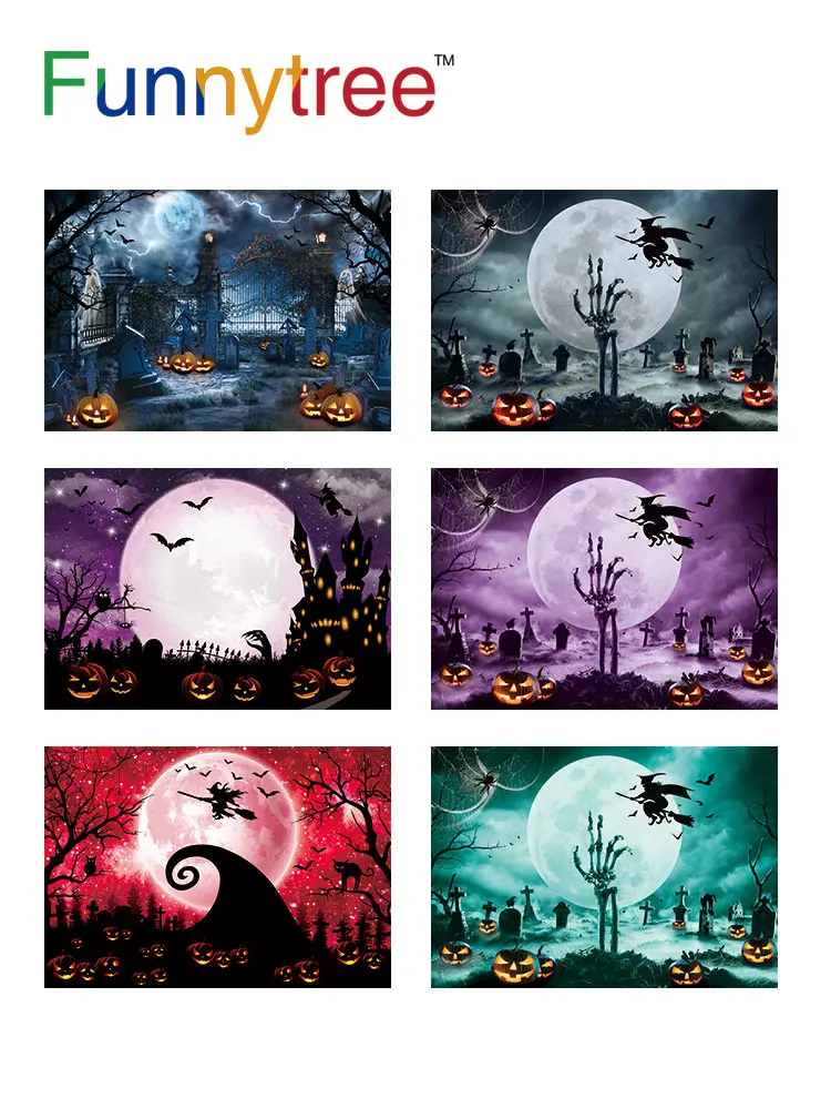 

Funnytree Halloween Backdrop Witch Bat Castle Pumpkin Owl Black Cat Tree Grave Skeleton Spider Custom Poster Banner Photocall