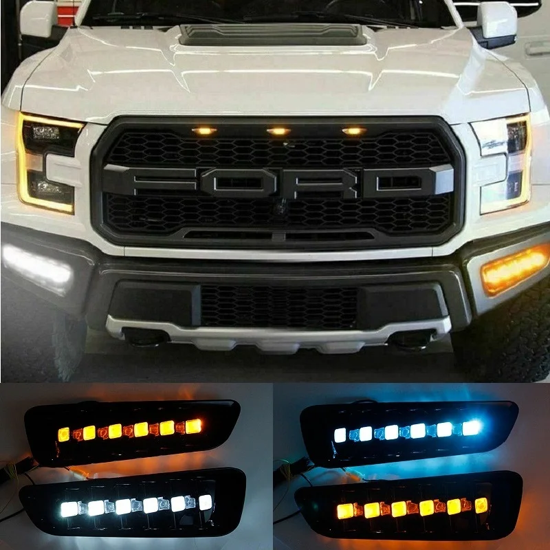 

OKEEN 2pcs Car DRL LED Daytime Running Lights with Flow Turn Signal Yellow Fog Lamp For Ford Raptor SVT F150 2016 2017 2018 2019