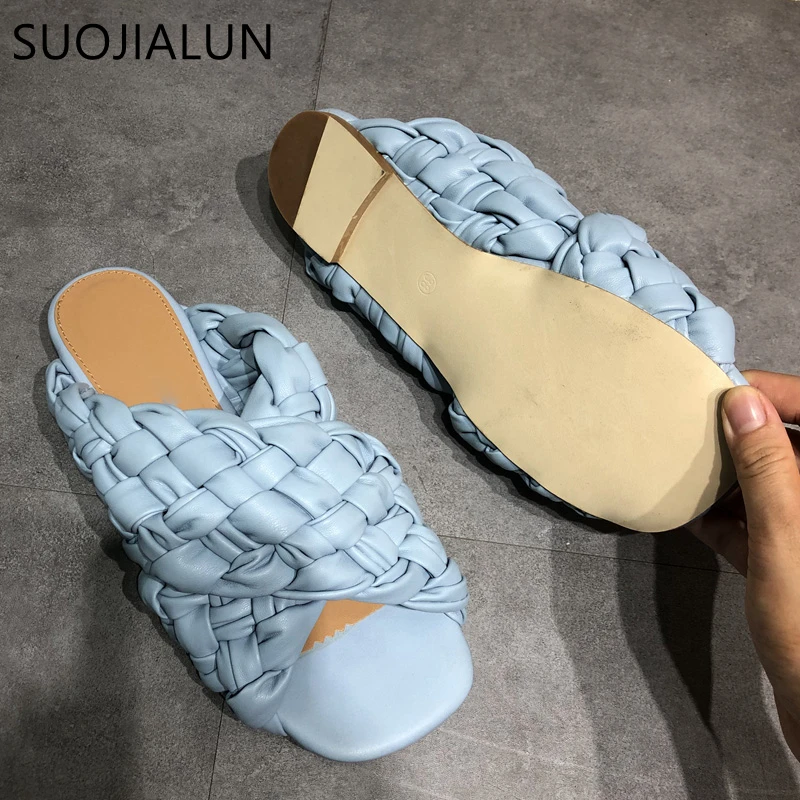 SUOJIALUN 2021 New Brand Flat Slippers Women Weave Slides Sandal Summer Outdoor Beach Open Toe Flip Flops Ladies Home Slippers