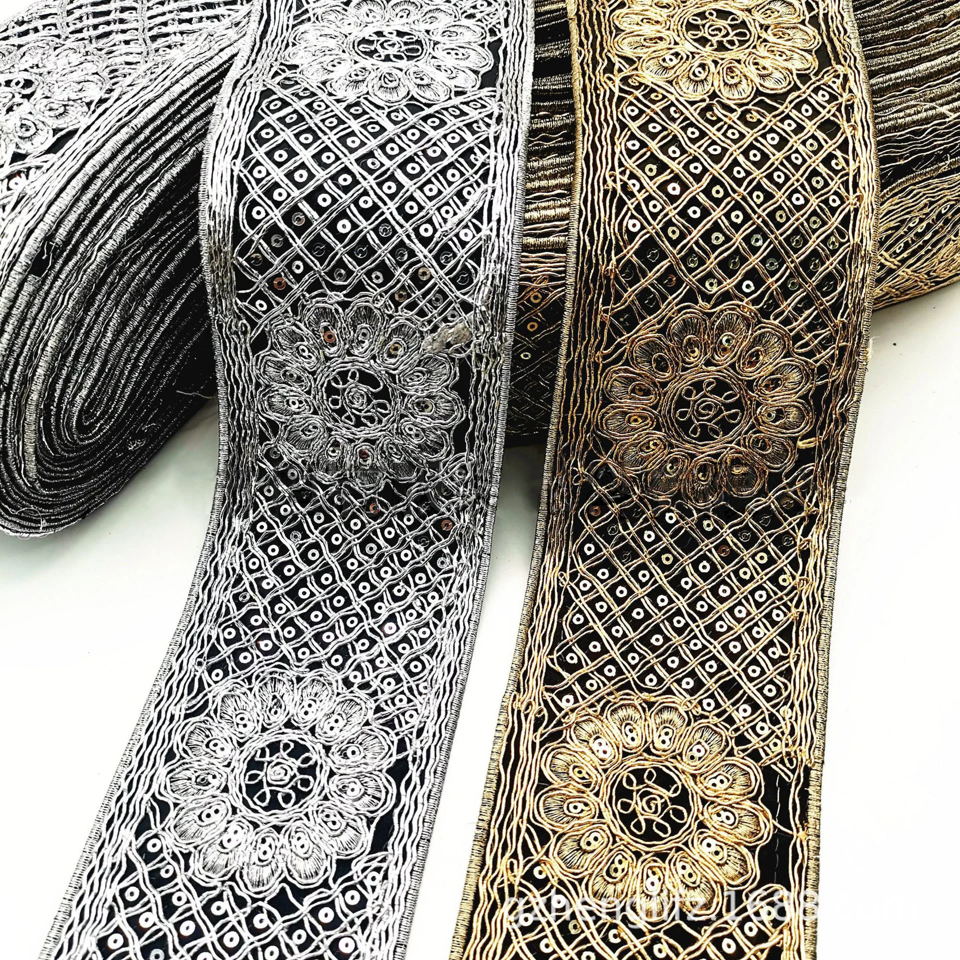 3Meter 7.8 centimetri Oro Argento Etnico Filo Paillettes Nastri E Fettucce Pattini di Vestito Del Nastro Del Nastro Decorativo Ricamato In Pizzo