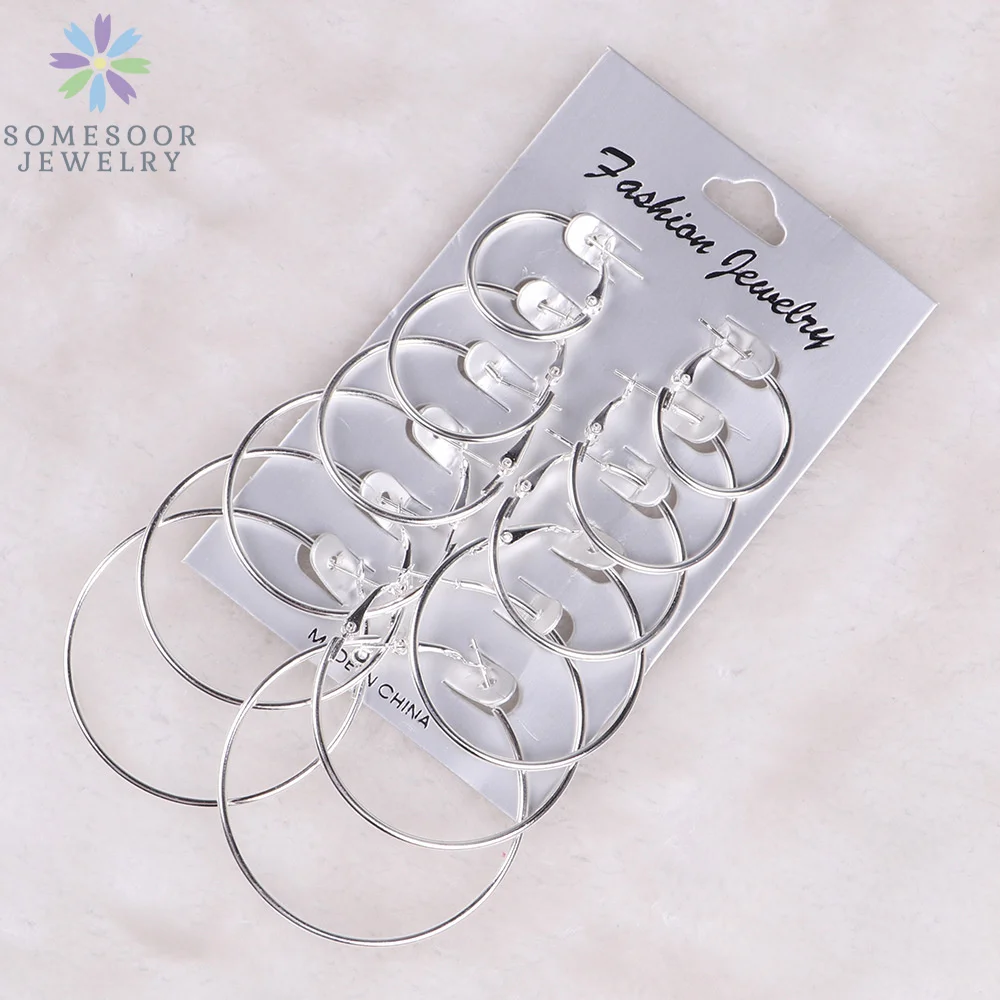 SOMESOOR Silver Golden Colors Simple Punk Hoops Earrings Big Circle Fashion Hiphop Loops Jewelry For Women Girls Gifts 6Pairs