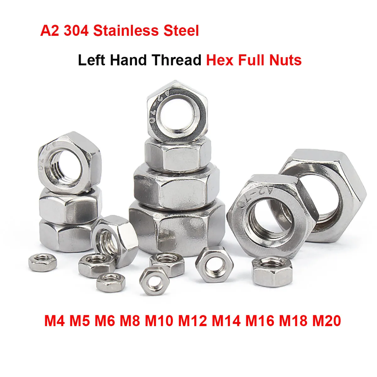 2-50pcs A2 304 Stainless Steel Hexagon Left Hand Thread Full Nuts Hex Reverse Nuts M4 M5 M6 M8 M10 M12 M14 M16 M18 M20
