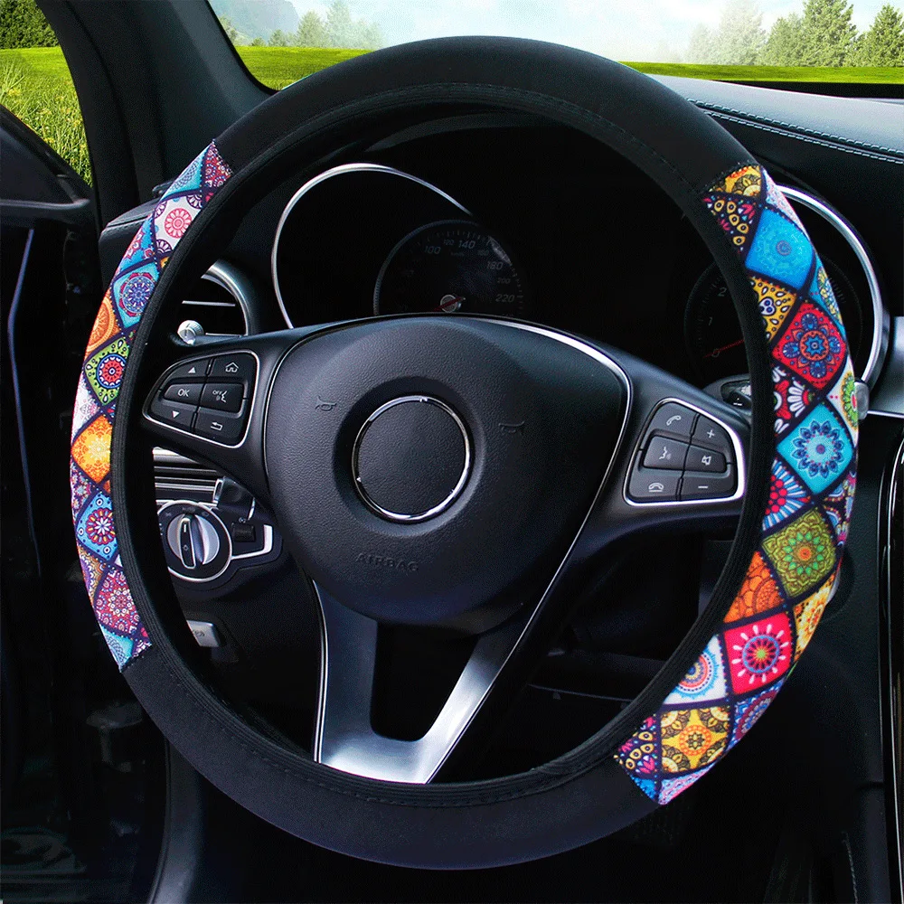 

38cm Elastic Car Steering Wheel Cover Ethnic Style Print Anti-slip Car Styling Car Steering-wheel Cover Car Interior Accessories