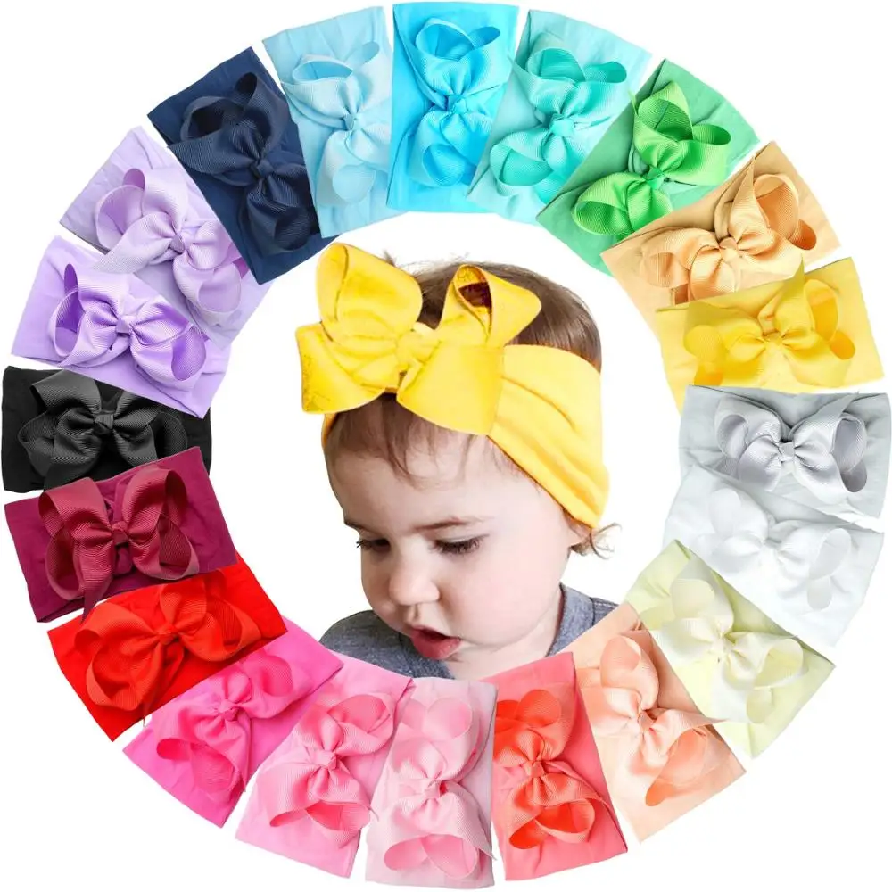 Fasce per capelli annodate in Nylon per bambini 20 colori ragazze grandi 4.5 pollici fiocchi per capelli avvolge la testa neonati fasce per capelli