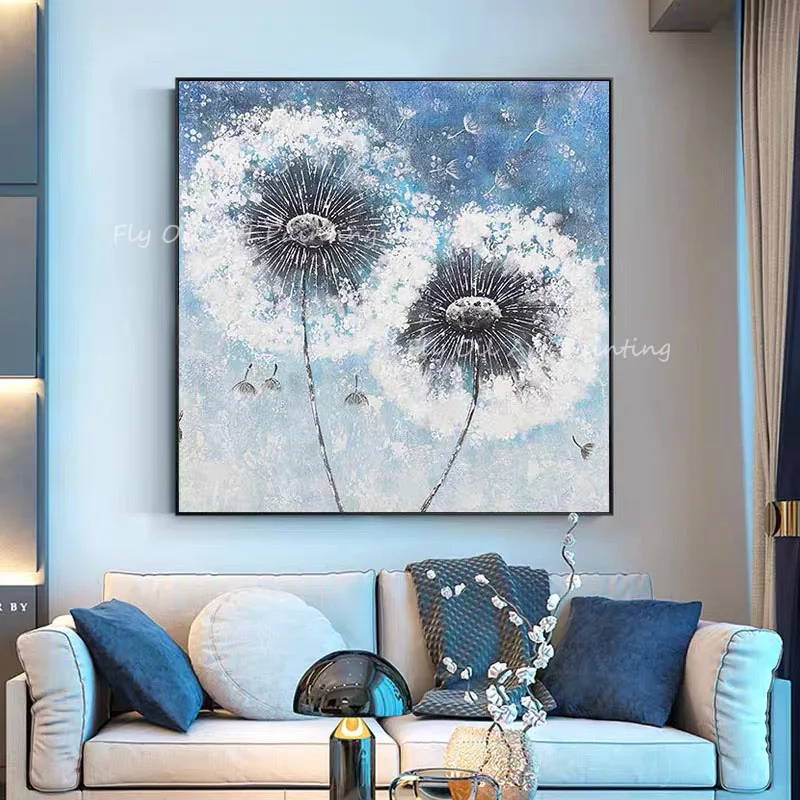 Abstract Dandelion Hand Painted Oil Painting On Canvas Blue Floral Wall Art Modern Palette Knife Textured Flower For Home Decor