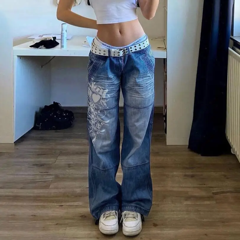 

Streetwear Cargo Jeans Women Boyfriend Low Waist Folded Love Print Pants Harajuku Grunge Loose Denim Trousers Mom 2022 p894