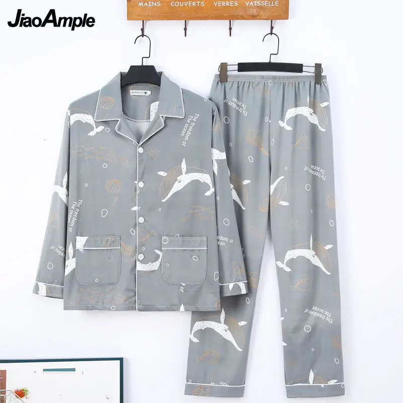 Men's Pajamas 2025 Autumn New Cotton Sleepwear Male Cartoon Long-sleeved Trousers Cardigan Casual Nightwear Pijamas Two-piece