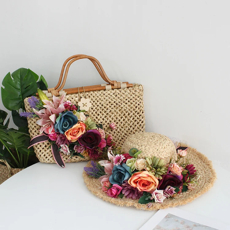 Fashion Flower Rattan Straw Beach Bag Hat Suit Multicolor Flower Top-handle Handbag for Women Summer Vacation Holiday Photograph