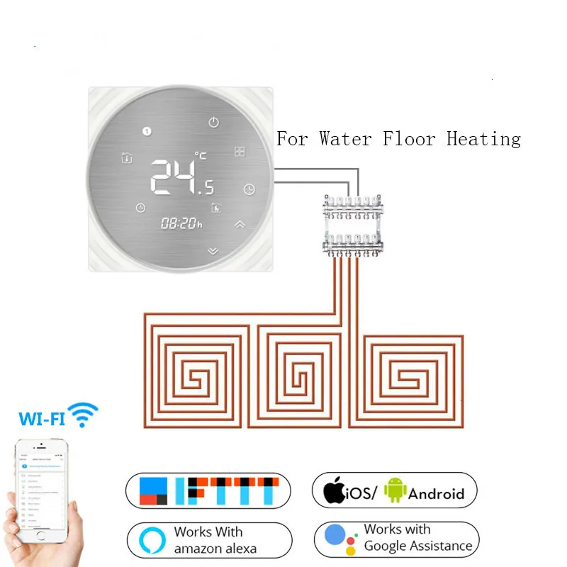 

Wifi Smart Thermostat Water Floor Heating Metal Brushed Panel Smart Life/Tuya APP Remote Control Works with Alexa Google Home