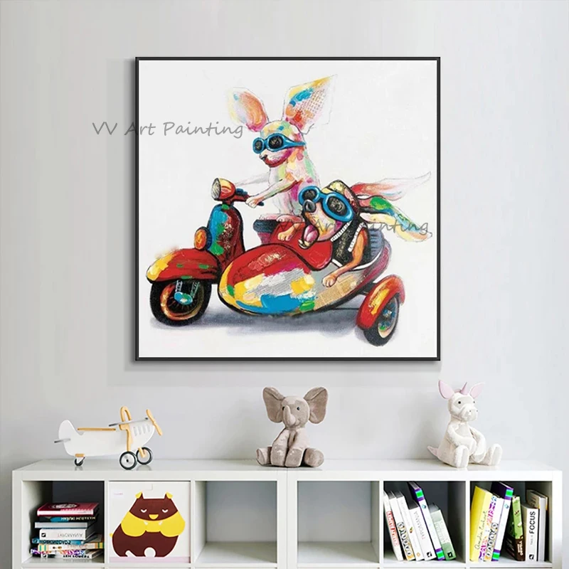 Graffit Picture Handmade Animal Oil Painting Interesting Rabbit Ride Motor Bike Funny Canvas Painting Home Decoration Frameless