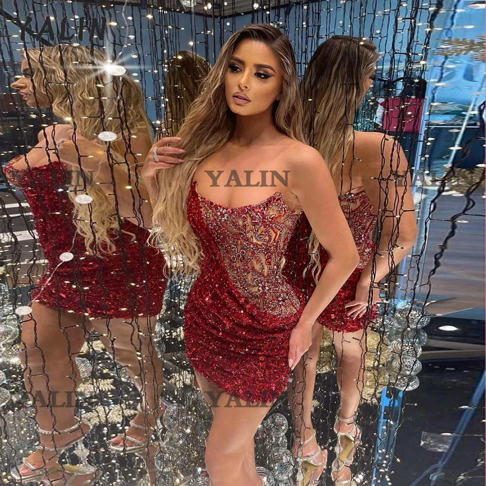 YALIN Burgundy ĐẦM Cocktail Áo Trên Đầu Gối Chiều Dài Dây Homecoming Đồ Bầu Sparkle Promise Vestidos De Fiesta