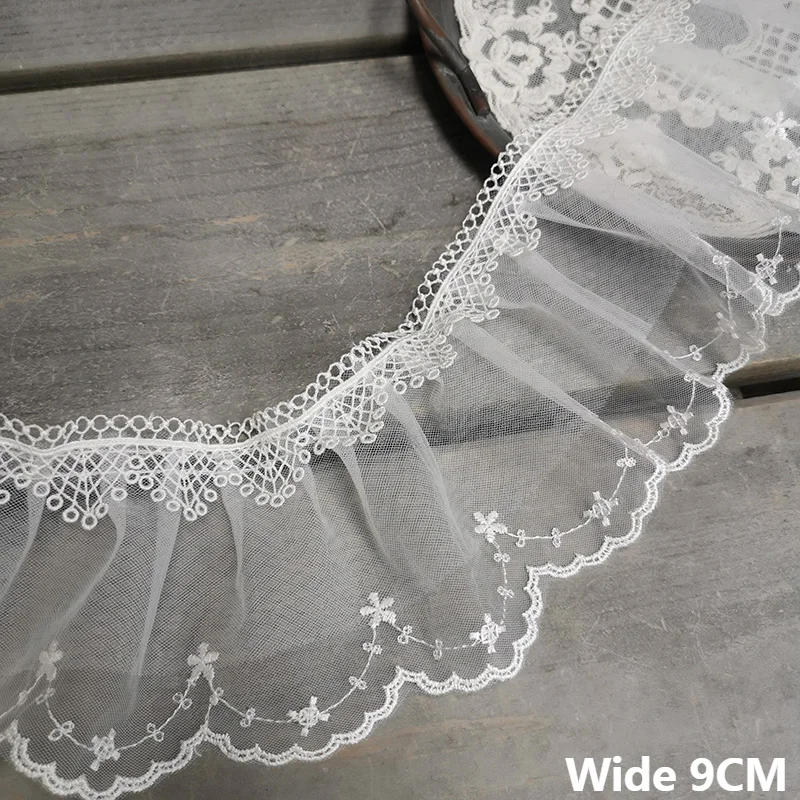 

9CM Wide White Three Layers Mesh Water Soluble Embroidered Ribbon Pleated Fabric Lace Collar Ruffle Trim DIY Sewing Fringe Decor