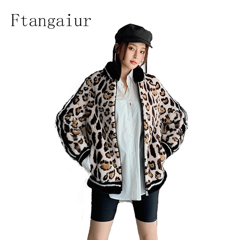 

Ftangaiur Winter Velvet Mink Fur Overcoats For Femal Mandarin Collar Leopard Mink Coat Women's Short Real Fur Coats