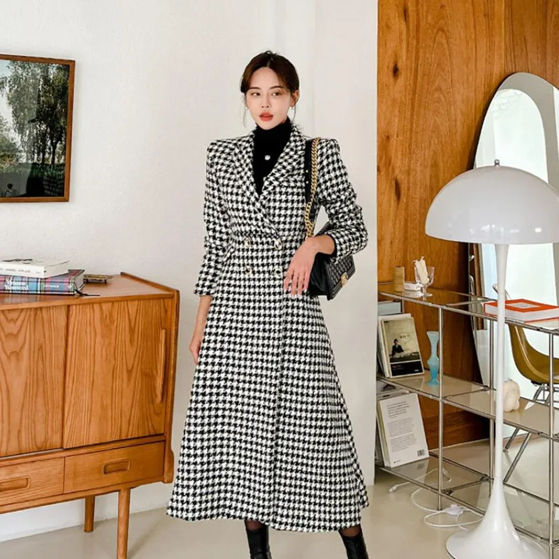 

New Autumn Winter Korean Fashion OL Double Breasted Houndstooth Long Overcoat Thick Warm Woolen Coat Female s1906