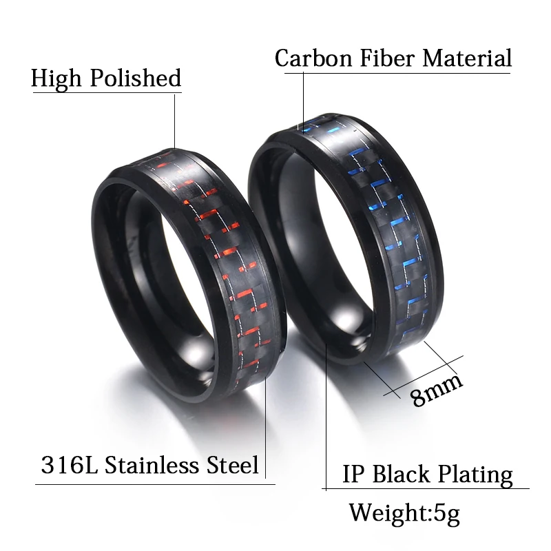 Trendy 8MM Wide Punk Carbon Fiber Lattice Ring Red Blue Lattice Couple Ring  For Women Men Unique Jewelry Party Wedding Gifts