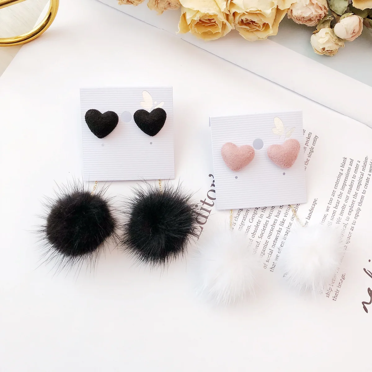 Autumn And Winter Cute Fur Ball PomPom Long Drop Earrings for Women Fashion Heart Unique Soft Pom Pom Dangle Earring Jewelry