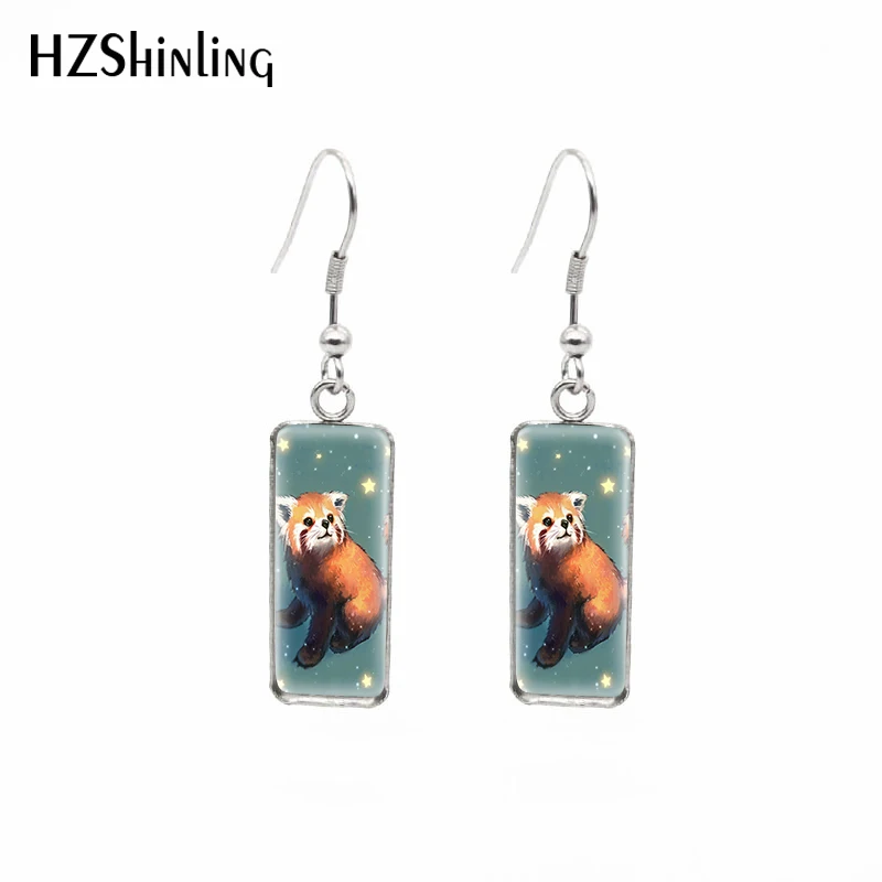 2021 New Red Panda Rectangular Earring Lovely Animal Fish Hook Earrings Glass Cabochon Handmade Jewelry