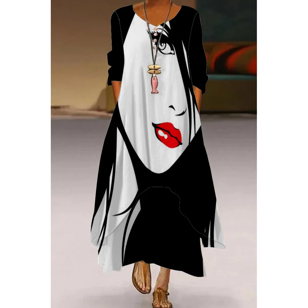 Abstract Painting Elegant Ladies Dress Beachwear Gothic Artistic Fashion Long Sleeve Dress Fashion Loose V-Neck Holiday Dresses