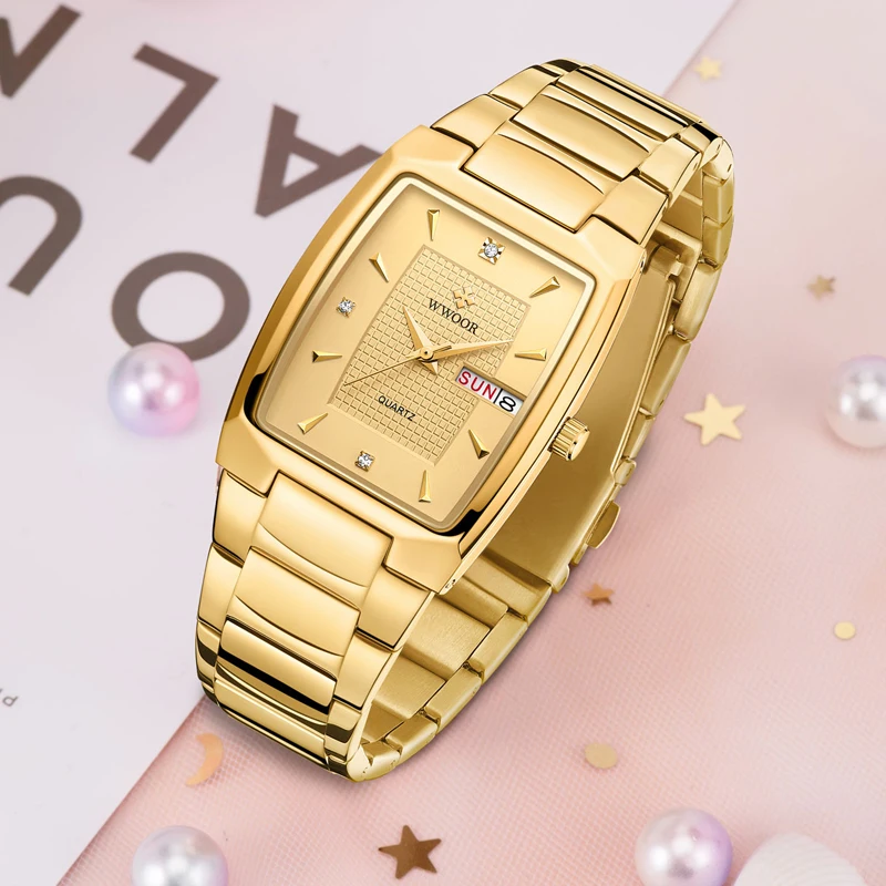 Wwoor Vrouwen Horloge Rechthoek Dial Gold Roestvrij Staal Horloges Fashion Quartz Voor Vrouwen Dames Waterdicht Relogio Feminino