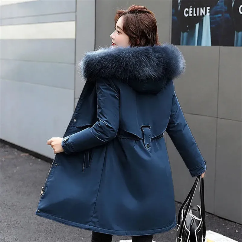 2024 New Winter Jacket Women Parkas Warm Fur Collar Jacket Long Hooded Parka Coat Female Fur Lining Thick Office Lady Streetwear