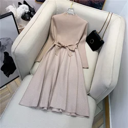 Autumn Winter Women Pleated Hem Striped Printed Sweater Dress Elegant Female A-Line Dresses Soft Rib Knitted Dresses With Belt