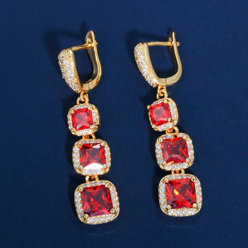 Pera Classic 3 Big Square Long Dangle Indian Red Cubic Zirconia Stone Earring Yellow Gold Color Vintage Women Party Jewelry E281