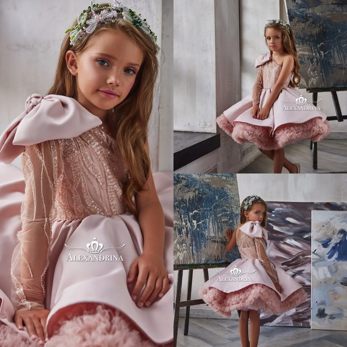 Robes à fleurs pour filles, robe courte perlée, en Tulle, asymétrique, épaule dénudée, robes de spectacle pour filles, avec nœud, pour mariage, 2022