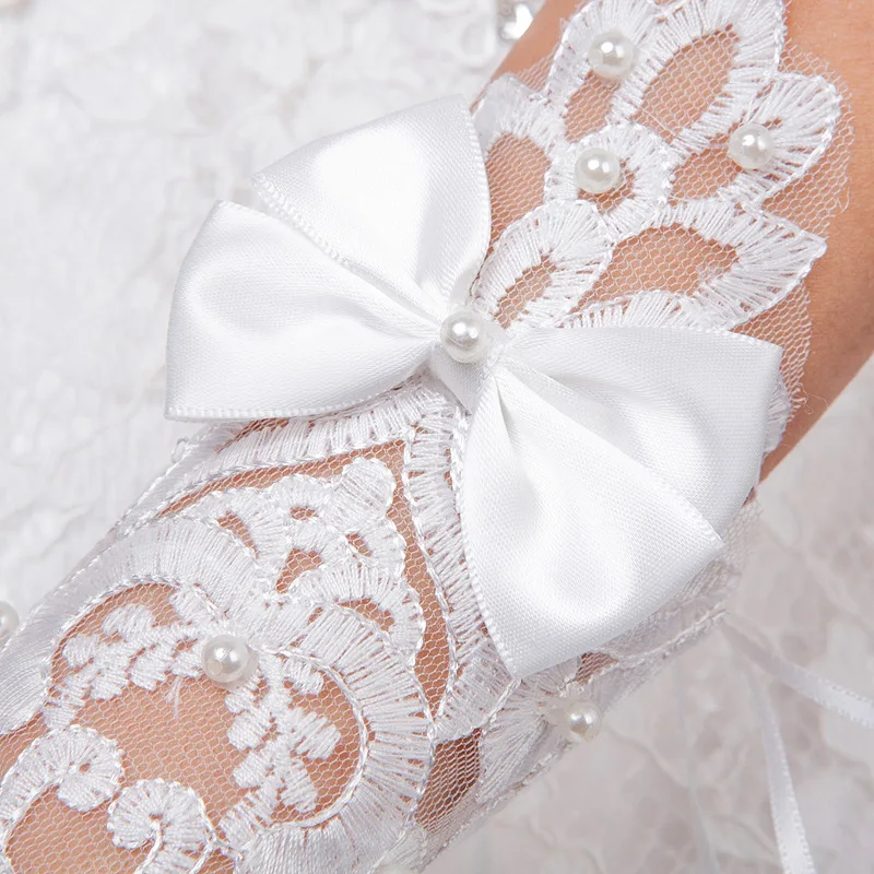 JaneVini-guantes de novia sin dedos para mujer, elegantes guantes cortos de encaje blanco con perlas, guantes largos de ópera, accesorios para fiesta de boda, 2019