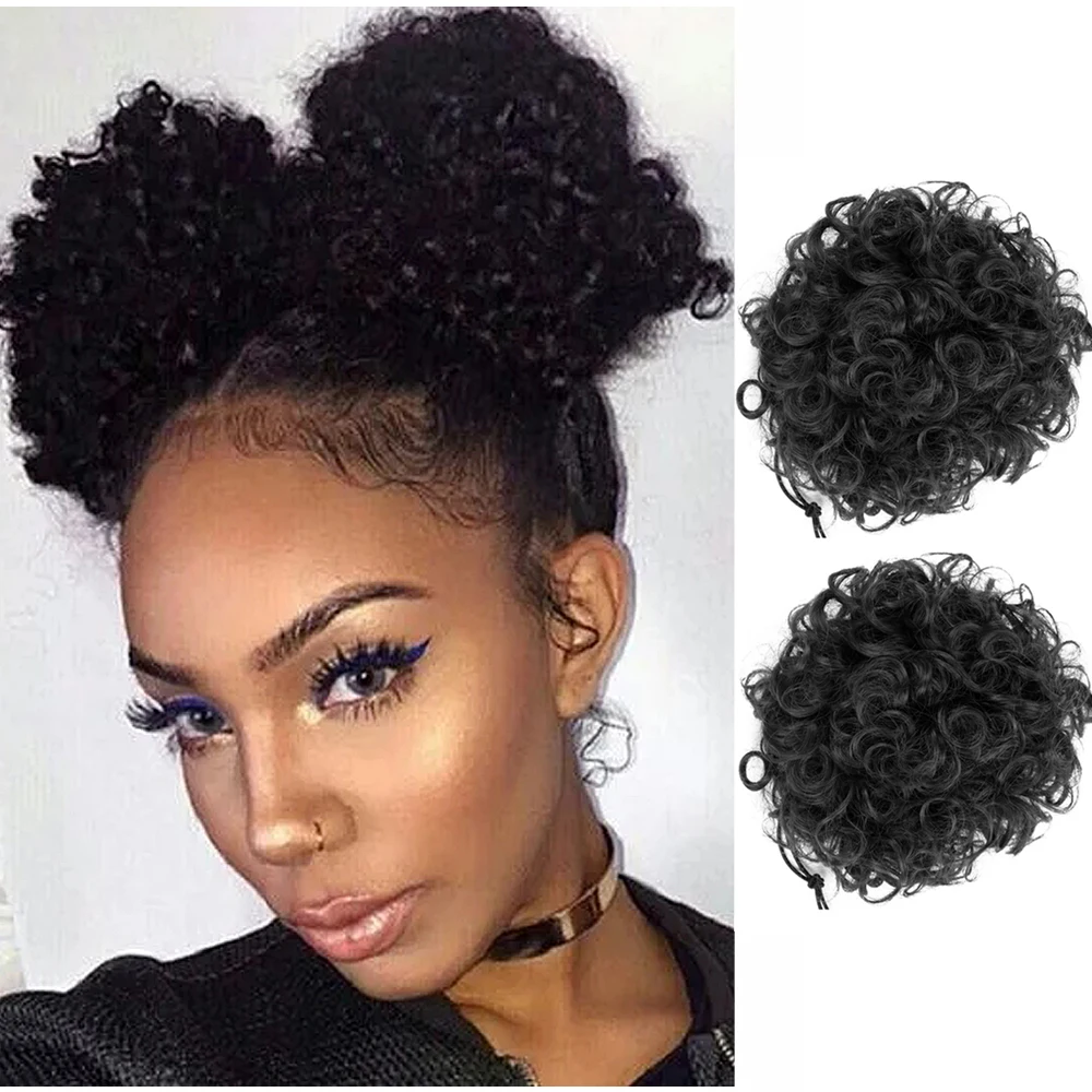 Afro Puff Chignon encaracolado, rabo de cavalo com cordão, afro curto, rabo de pônei bizarro, cabelo sintético, acessórios para cabelo, 2 unidades por conjunto