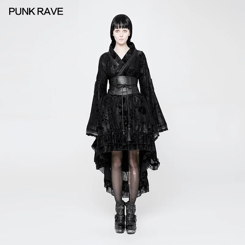 

PUNK RAVE Lolita Women Loose Profile Lace Dresses Soft Satin Fabric Independent Waist Seal Flocking Printing Modern Kimono