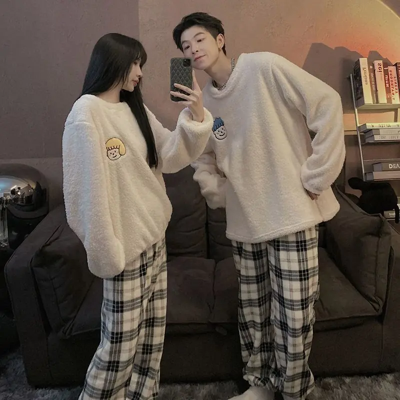 QWEEK Winter Pajamas for Couples Velvet Pyjama Pour Femme Korean Style Room Wear Pijamas Feminino Long Sleeve Sleepwear Set