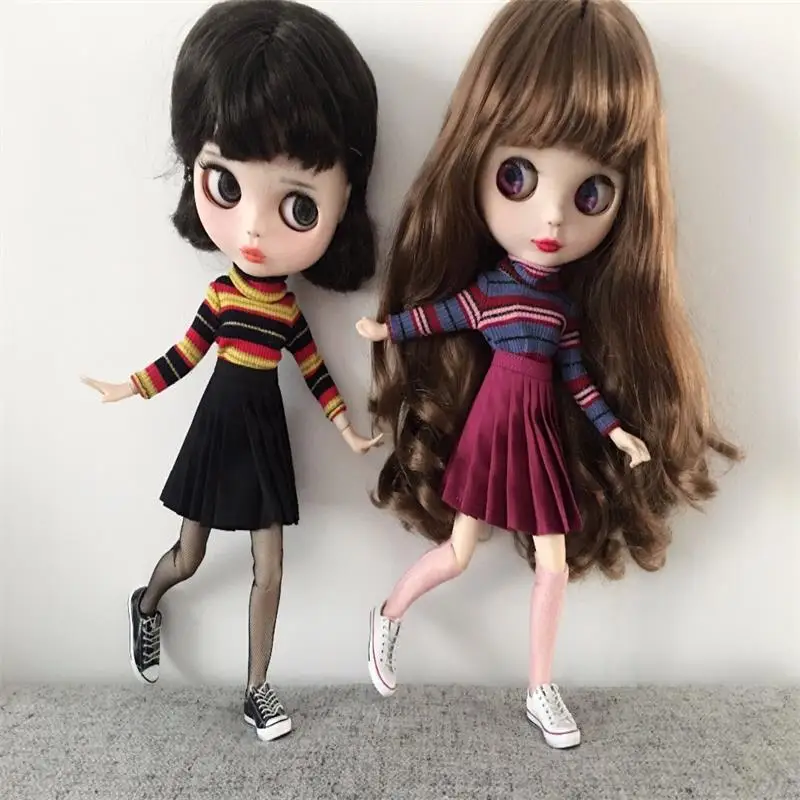 New Fashion Stripe collar T-shirt Pleated Skirt purple fur hat for blyth azone s ob24 1/6 dolls accessories Clothes for dolls