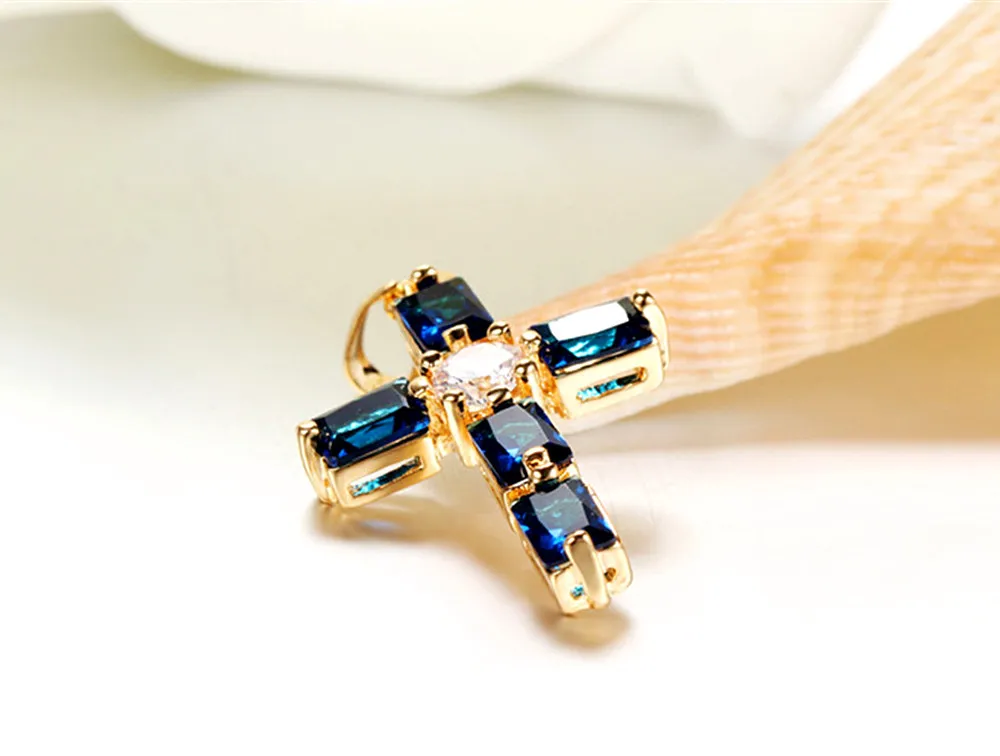 Sapphire gemtsones blue crystal cross pendant necklaces for women femme diamonds 18k gold color chain choker bijoux jewelry gift