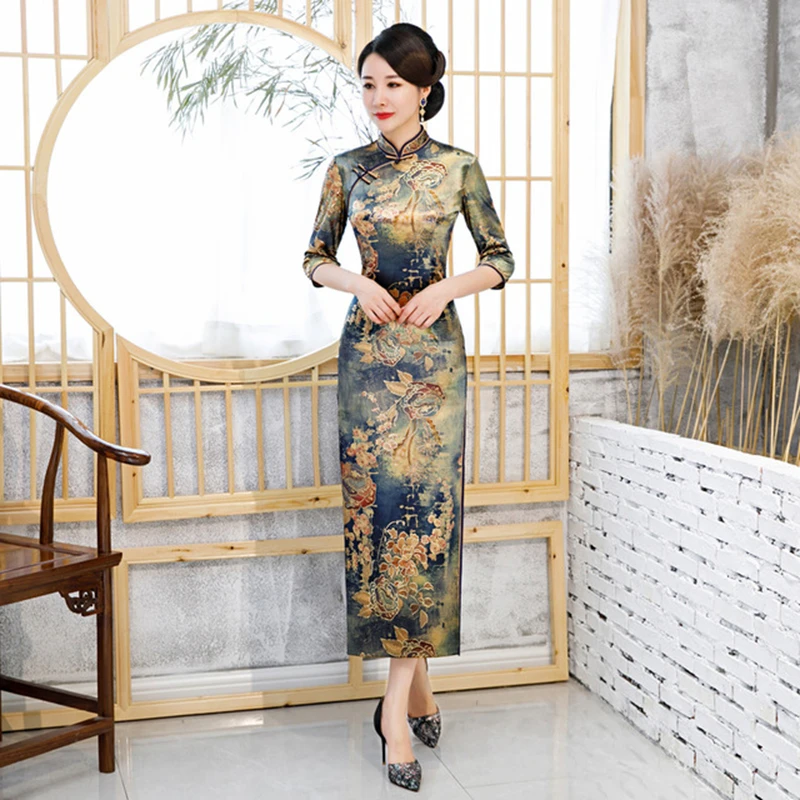 

elegant cheongsam women XL Chinese cheongsam Dress retro middle-sleeved improved cheongsam dress long daily Mother cheongsam