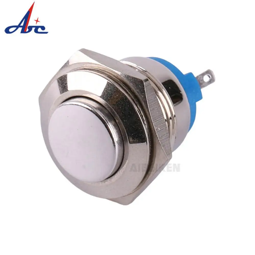 16A 16mm Metal Shell 220V/120V Push Button Momentary Switch High Round Nickel Plated Brass 1NO Screw Terminal Waterproof Switch