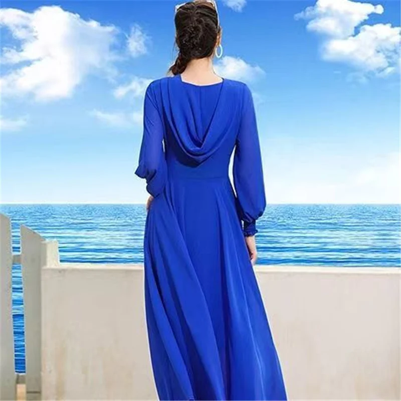 Women Dress Summer Long Sleeve Hoodied Sun Protection Beach Dress White Purple Red Long Dress Plus Size vestido de mujer