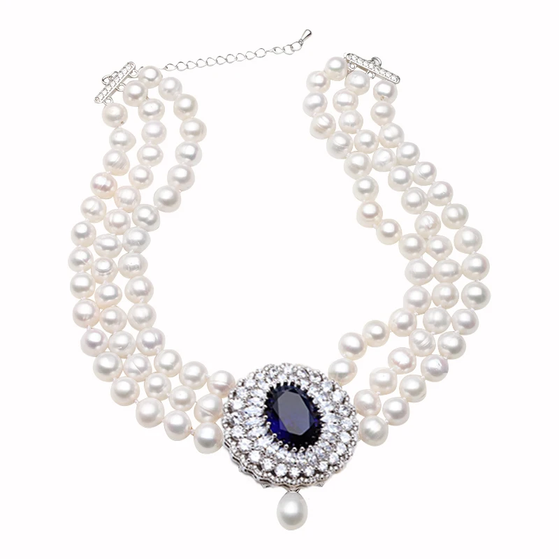 Real Natual Pearl Bead Necklace For Women,Three Strands Pearl Necklace Classic Sweater Chain Christermas Gift