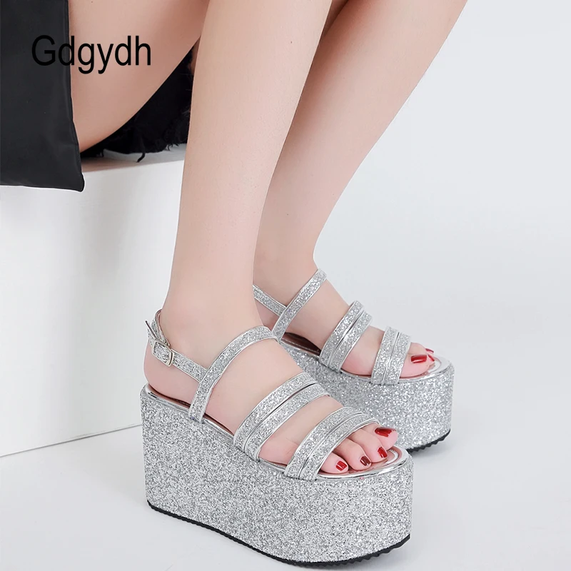 Gdgydh Trendy Sandals Women Wedges Heel Brand Deisgn Bling Sequines Back Strap Thick Sole Platform Shoes On Summer Club Party