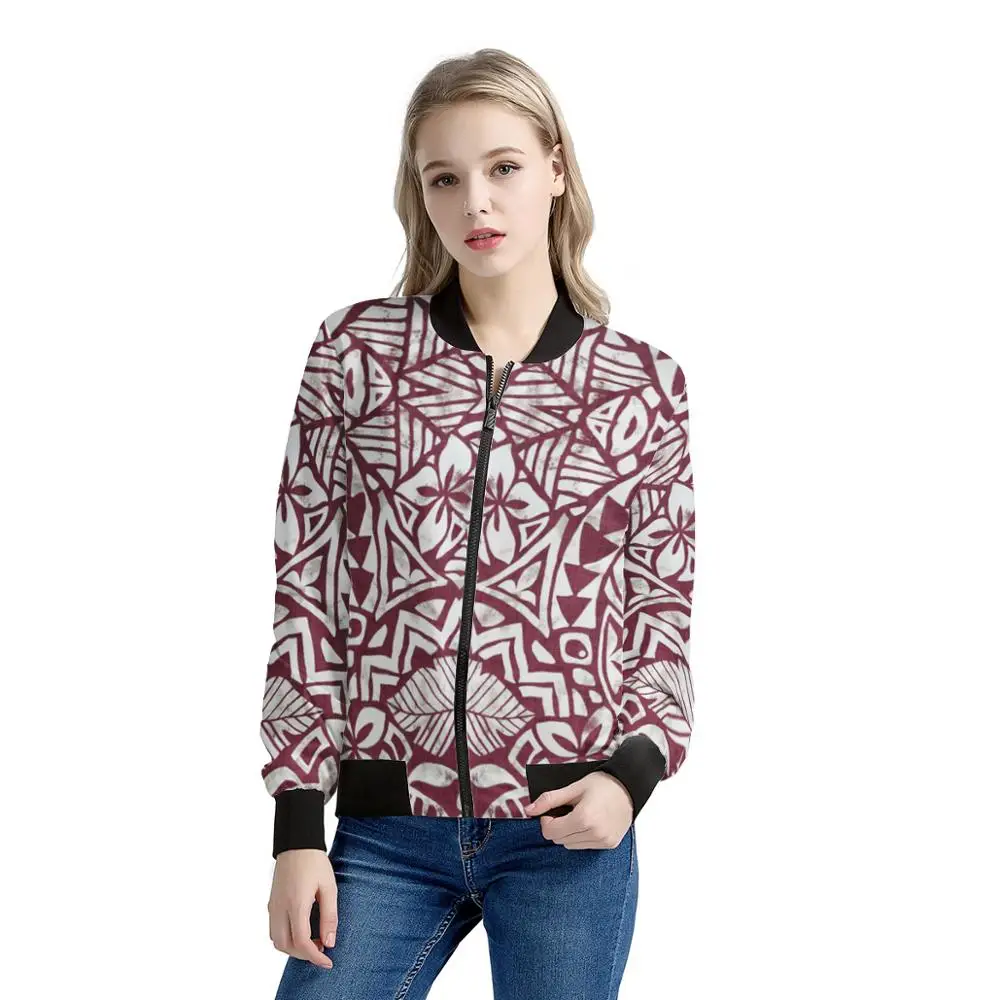 Women's windproof jacket coat print Polynesian Samoan traditional tribal style custom long-sleeved casual zipper jacket coat