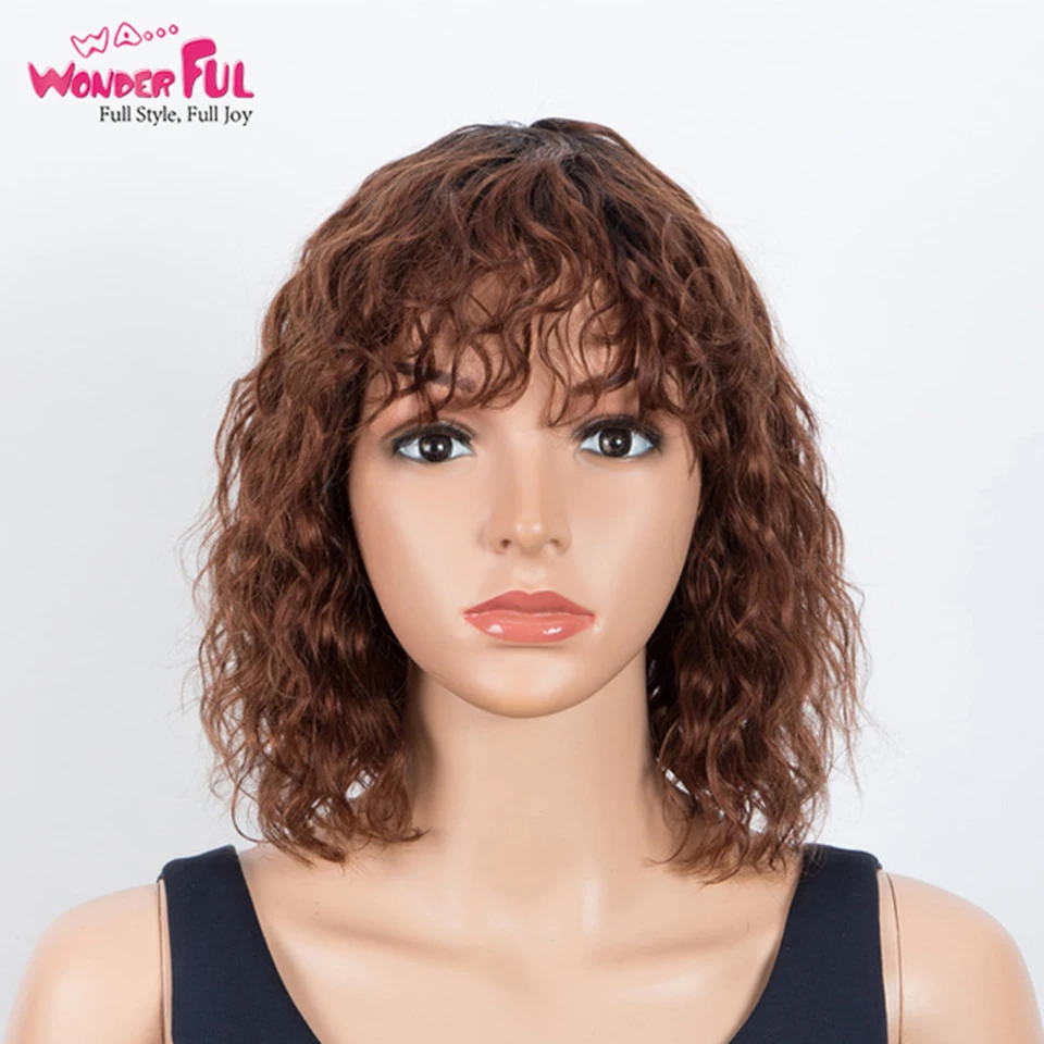 Wonderful Fashion Short Curly Bob Wig Human Hair Affordable Full Machine Made Remy Hair Wig With Bangs Glueless free shipping