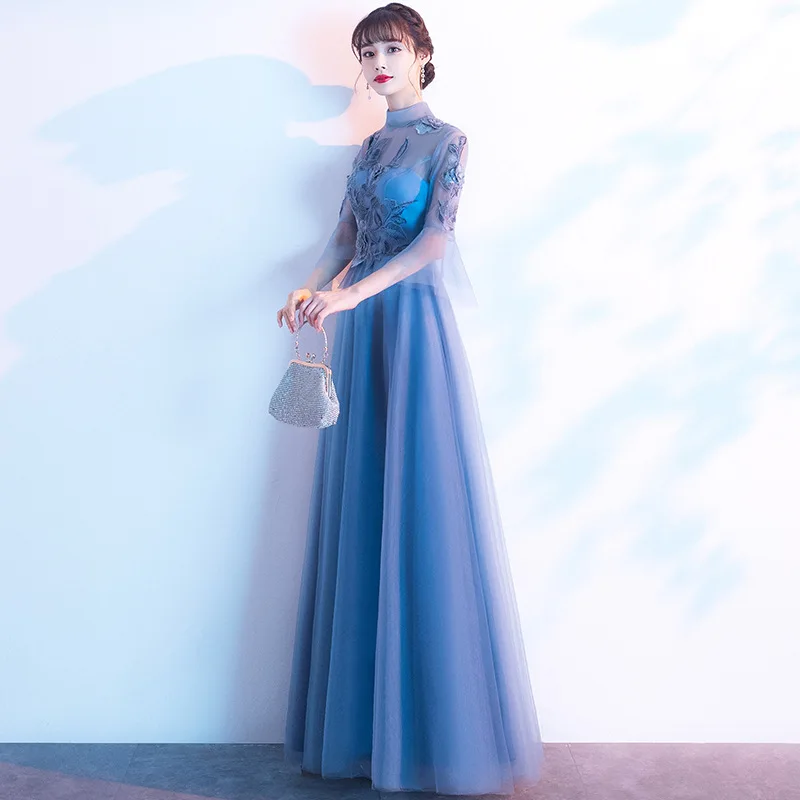 Exquisite Flower Pleated Cheongsam Sexy Perspective Flare Sleeve Dress Gown Fairy Mesh Maxi Qipao Celebrity Banquet Vestidos