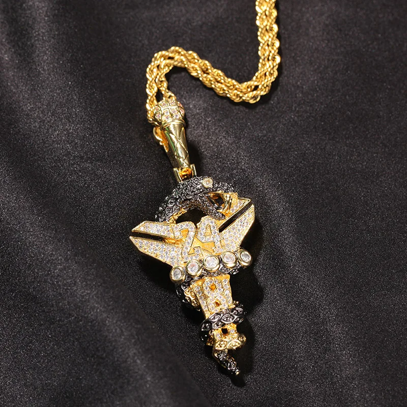 Hip Hop 3A+ CZ Stone Paved Bling Iced Out Number 24 Black Mamba Snake Pendants Necklace for Men Rapper Jewelry Drop Shipping