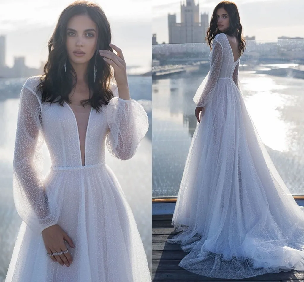 Glitter Princess Sequins Wedding Dresses Puffy Sleeves Illusion Shiny Boho Mariage Bridal Gowns Cutsomed Vestidos Casamento