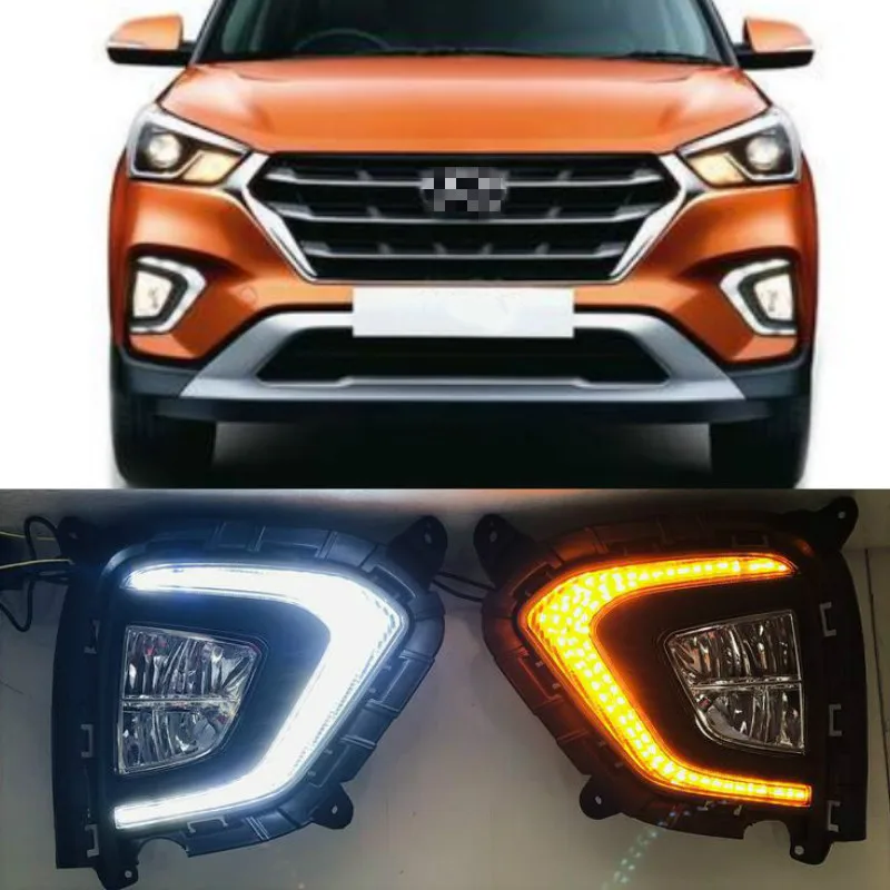 2PCS For Hyundai Creta IX25 2017 2018 2019 2020 DRL LED Daytime Running Light fog lamp Cover DRL with yellow turn signal