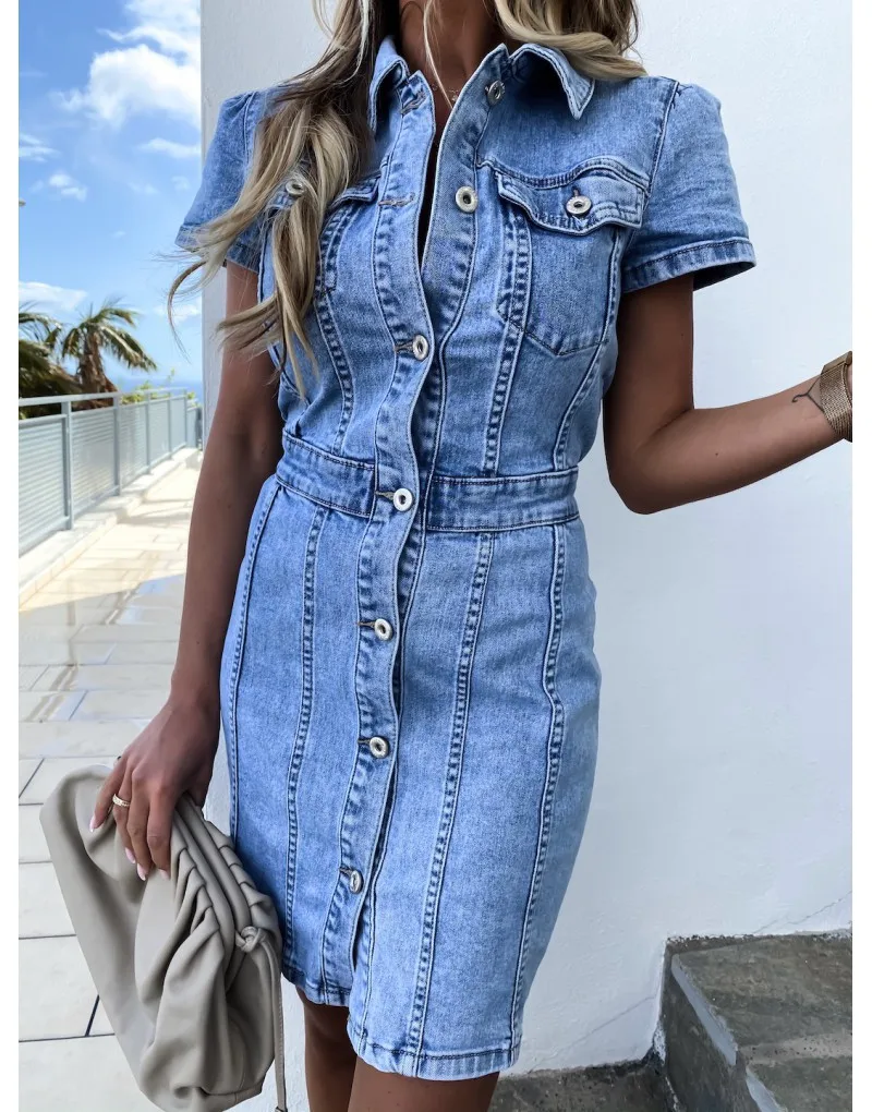 New Arrival Retro Denim Dress For Women Summer Short Sleeve Slim Jeans Dress Fashion Casual Stretch Dress Office Ladies Clothing