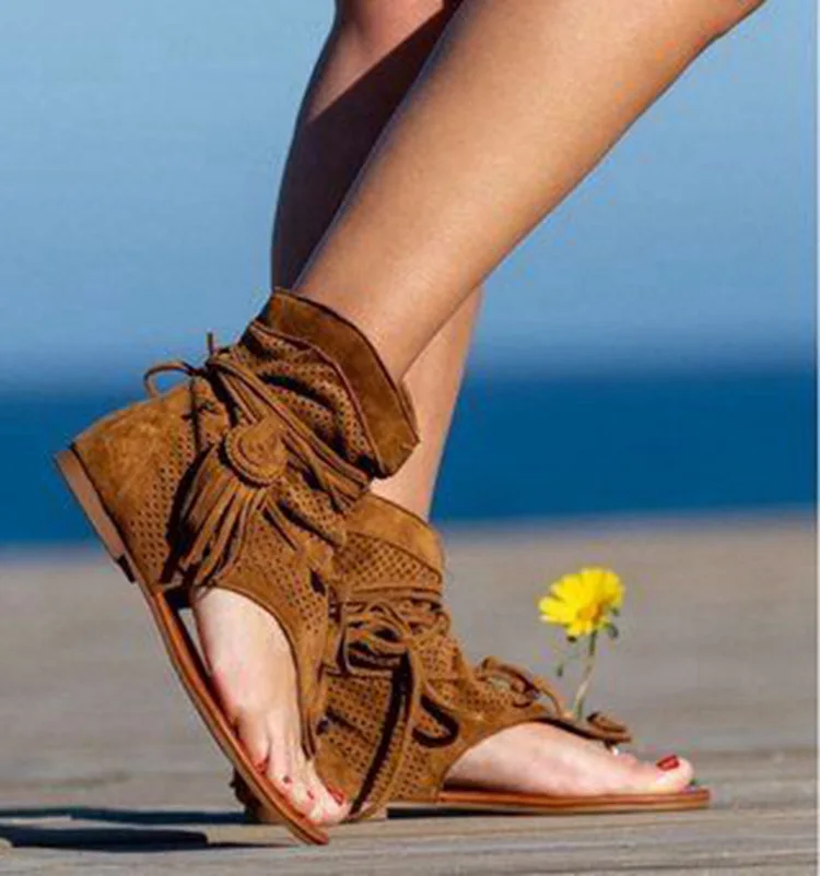 Sandalias Retro con borlas para Mujer, zapatos planos bohemios de verano, zapatos de playa con cordones para Mujer, Sandalias para Mujer 2020,