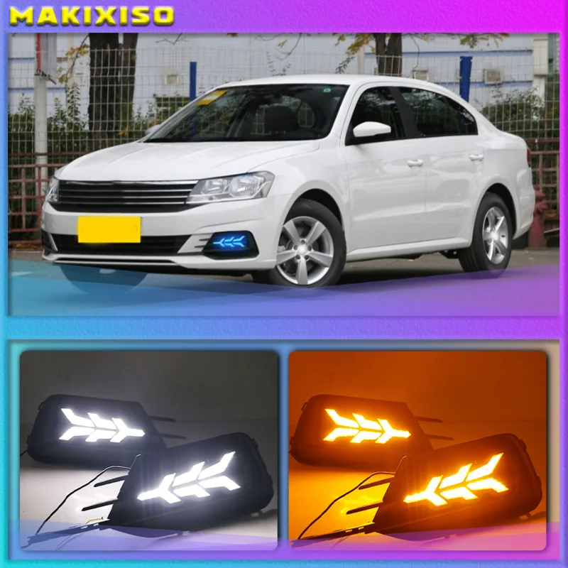 1 Pair LED DRL Daytime Running Light For Volkswagen VW Lavida 2019 with Yellow Trun Signal Light Blue Night Lamp