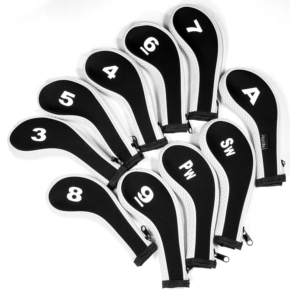 High Quality 10Pcs Rubber Neoprene Golf Head Cover Golf Club Iron Putter Protect Set Number Printed with Zipper Long Neck